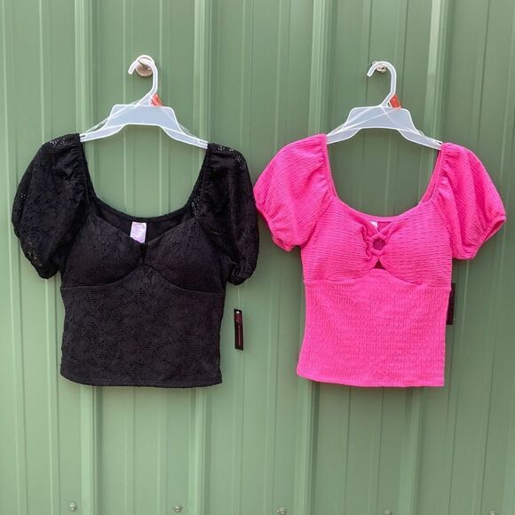 WOMENS JUNIORS Pucker Knit Keyhole & Sweetheart Lace Top Blouse 2-Pack Size M - Picture 1 of 15